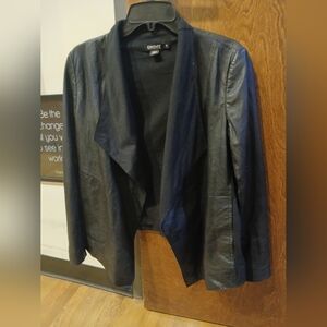 DKNY black faux leather open front jacket